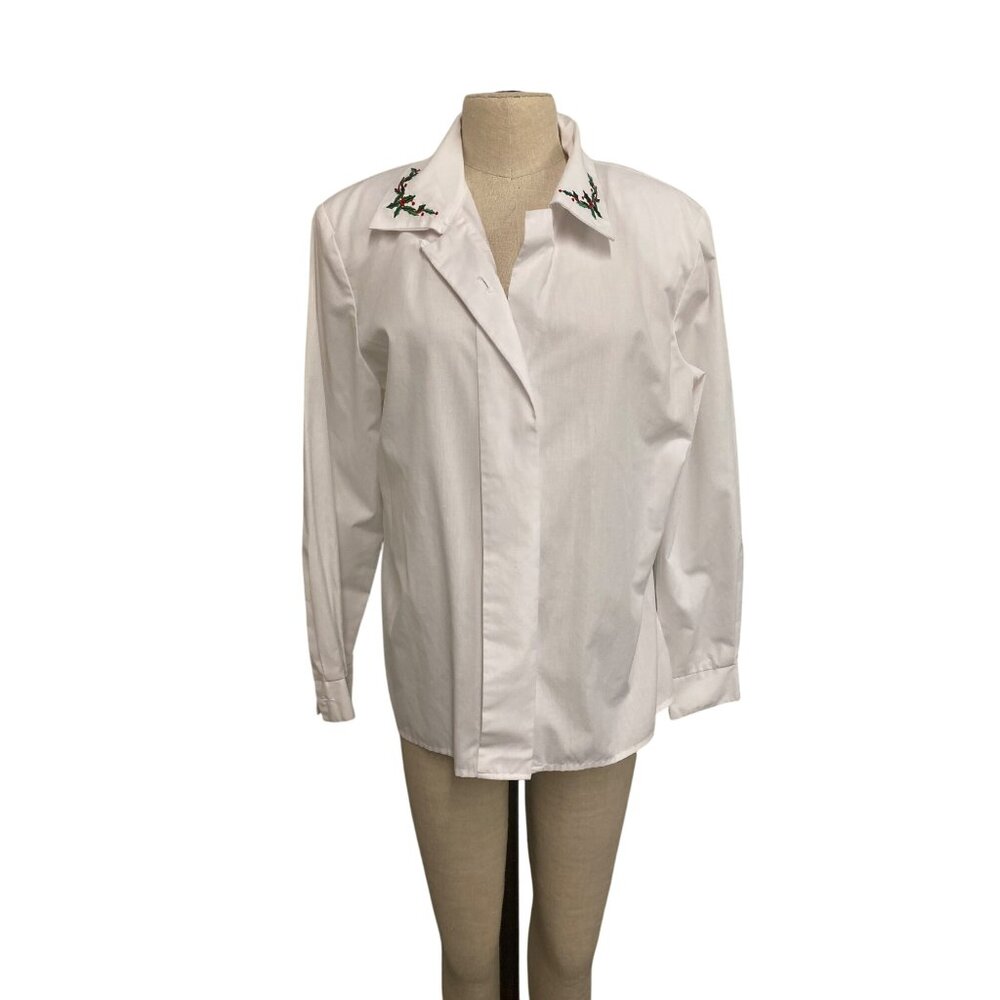 Norton McNaughton Womens Size 12 White Button-Up Blouse With Holiday Embroidered